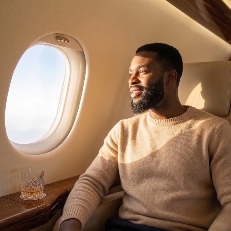 Man relaxing in private jet cabin looking out window